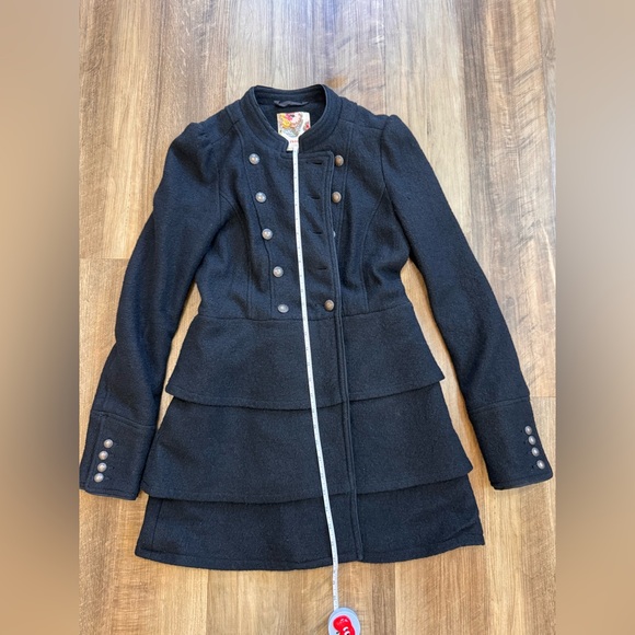 Free People Black Double-Breasted Military Style Ruffle Pea Coat with Pockets, 0 - Picture 9 of 13